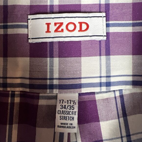 IZOD Button Up Shirt Mens‎ 17-17.5 34 35 Stretch Long Sleeve Purple Plaid Casual - Picture 2 of 6
